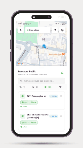 Mobile app screenshot showing public transport routes and schedules in BOTA.