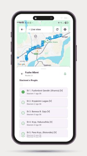 Mobile app displaying BOTA bus routes and stops in a city map.