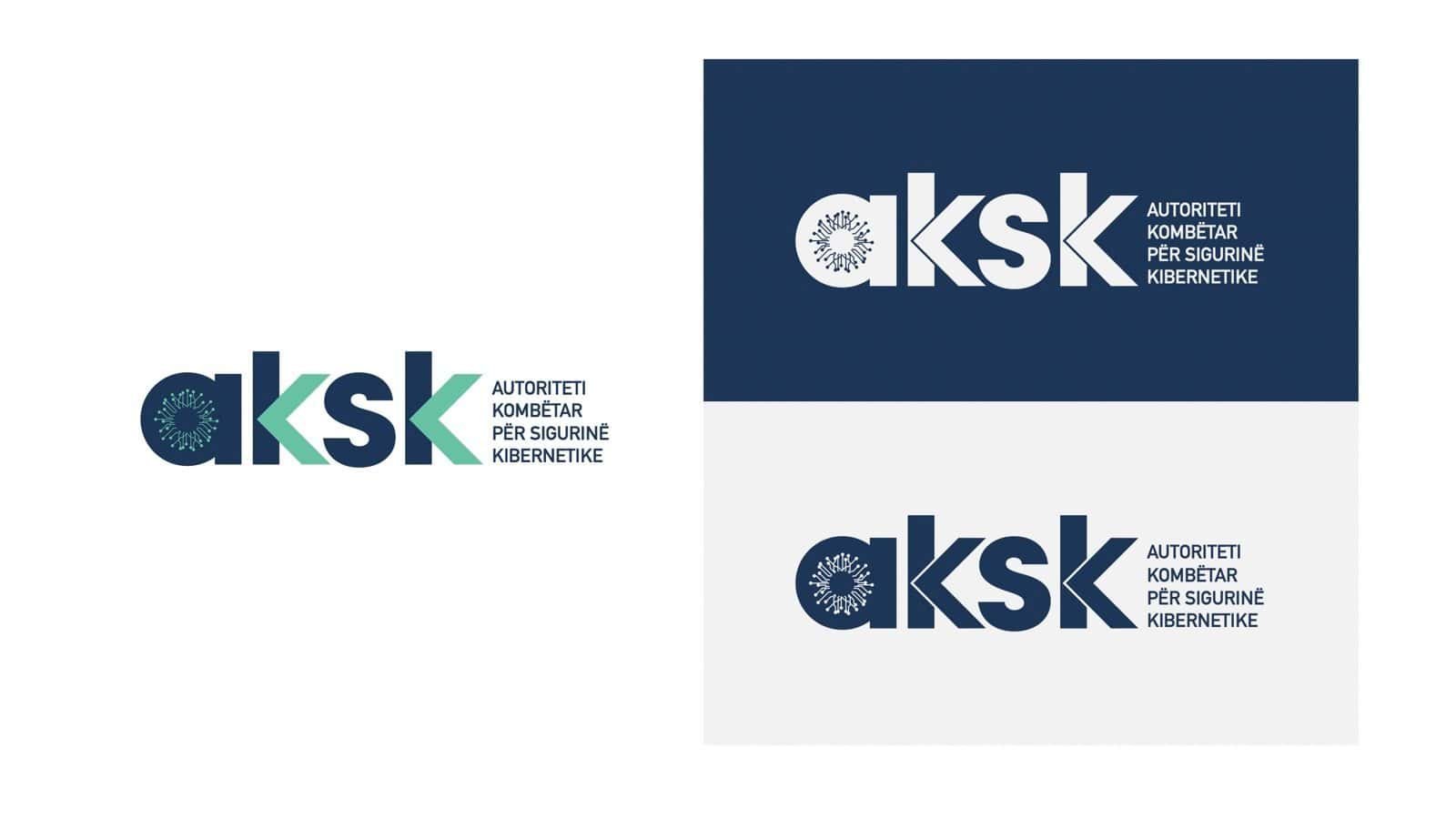 The new AKSK logo in full colour, white on navy, and navy on light grey